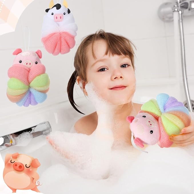 Nuenen 2 Pcs Bath Loofahs Kids Toddler Cute Cartoon Bath Sponges Loofah Pouf Body Scrubber Mesh Sponges for Children Shower Washing Exfoliating(Calf, Pig)