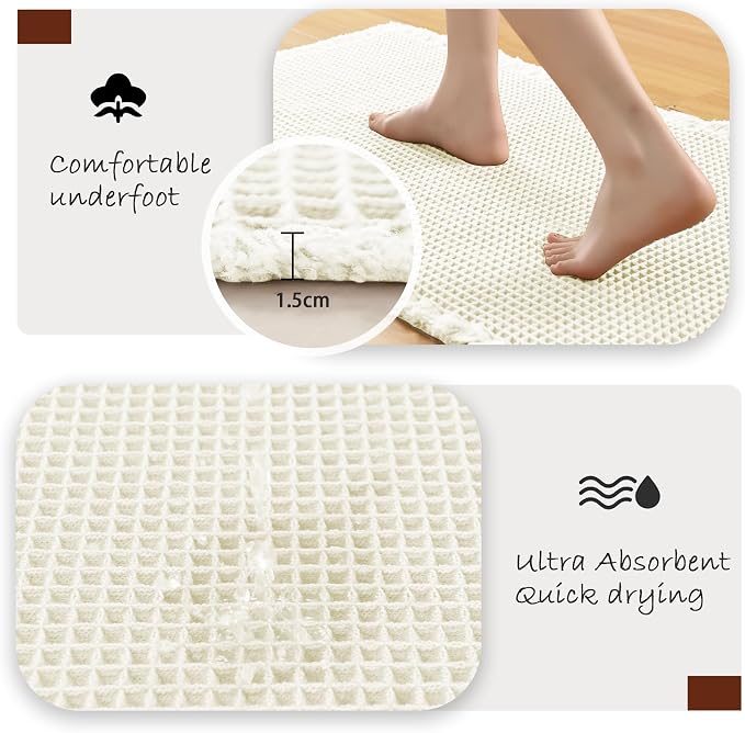 DWCN Waffle Bathroom Mat Set, Super Absorbent Non Slip Bath Rug Set for Bathroom Floor, Shower Mats 2 Pcs for Tub, Washable Kitchen Rugs for Farmhouse Boho Home Decor, 24 x 16 Inch, Ivory