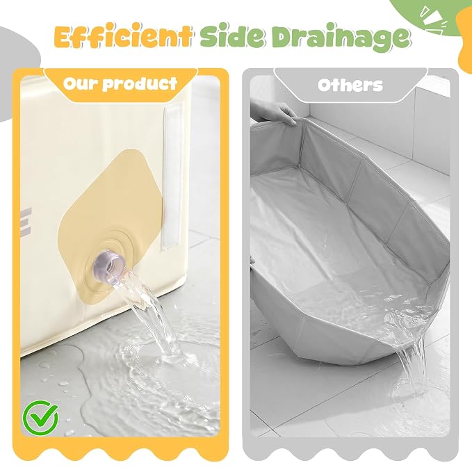Orzbow Toddler Bathtub with Temperature Sticker, Collapsible Baby Bathtub with Side Drain Plug, Portable Bath Tub for Infant 6 Months+, Easy to Clean, Stable & Durable, Folds to Store, White