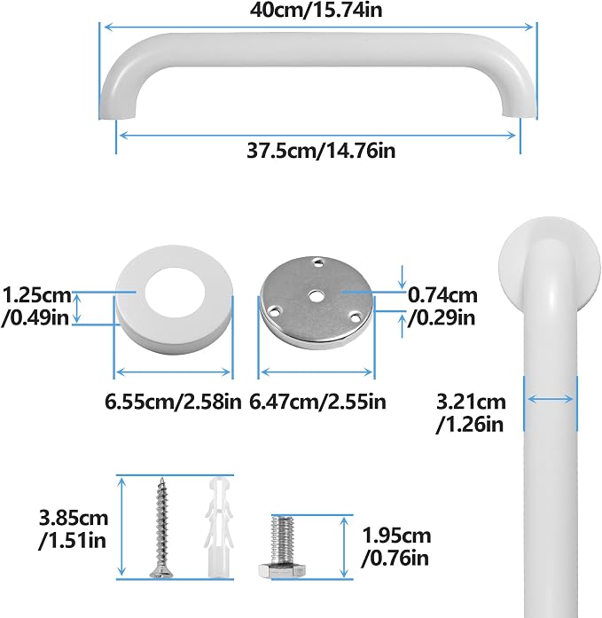 Shower Grab Bar, 2 Pack 16 Inch White Bathroom Safety Bar, 1.25" Diameter 304 Stainless Steel Grab Bars for Bathtubs and Showers, Handicap Shower Grab Bar for Seniors Elderly