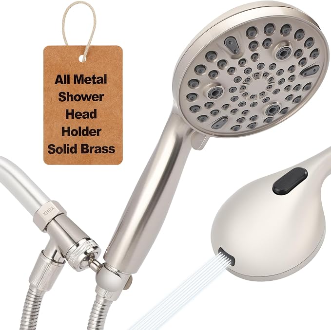 Shower Head with Handheld - All Metal Holder and Long Hose, High Pressure | Showerhead Sprayer Built-in Power Wash to Clean Tub, Tile & Pets, Multi Mode Adjustment, Brushed Nickel 2.5 GPM