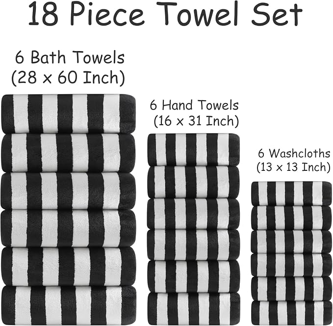 18 Pcs Black White Cabana Stripe Bath Towel Set with Hanging Loop-6 Bath Towels,6 Hand Towels,6 Washcloths Family Towels Set Bathroom Towel Highly Absorbent Quick Dry Shower Towel for Beach Spa Gym