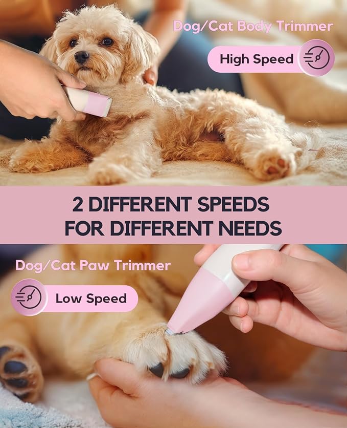 4 in 1 Rechargeable Dog Clippers Grooming Kit with 2 Speeds and Low Noise | Quiet Cordless Dog Hair Trimmer for Paw Nail Grinder, Cat Grooming Clippers for Trimming Hair on Paw Eye Ear Face (Pink)