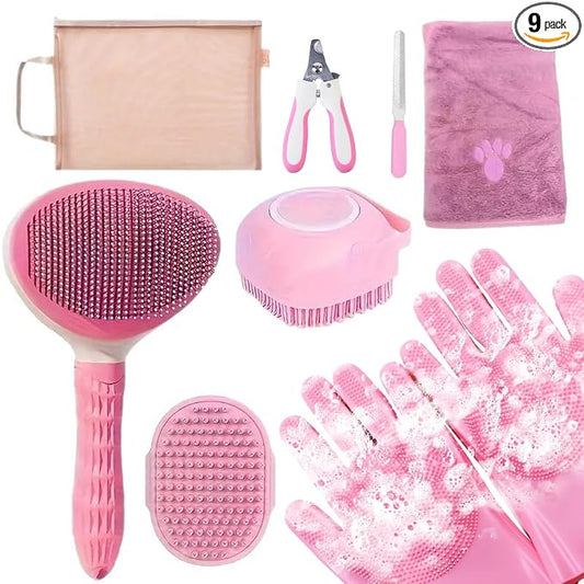 Pet Grooming Kit for Bath, Hair Brush Set with Towel, Dog Bath Supplies, Bath Grooming Kit for Pets, Slicker Brush, Washing Gloves, Shampoo Scrubber Brush, Pet Nail Clipper and File for Dogs and Cats