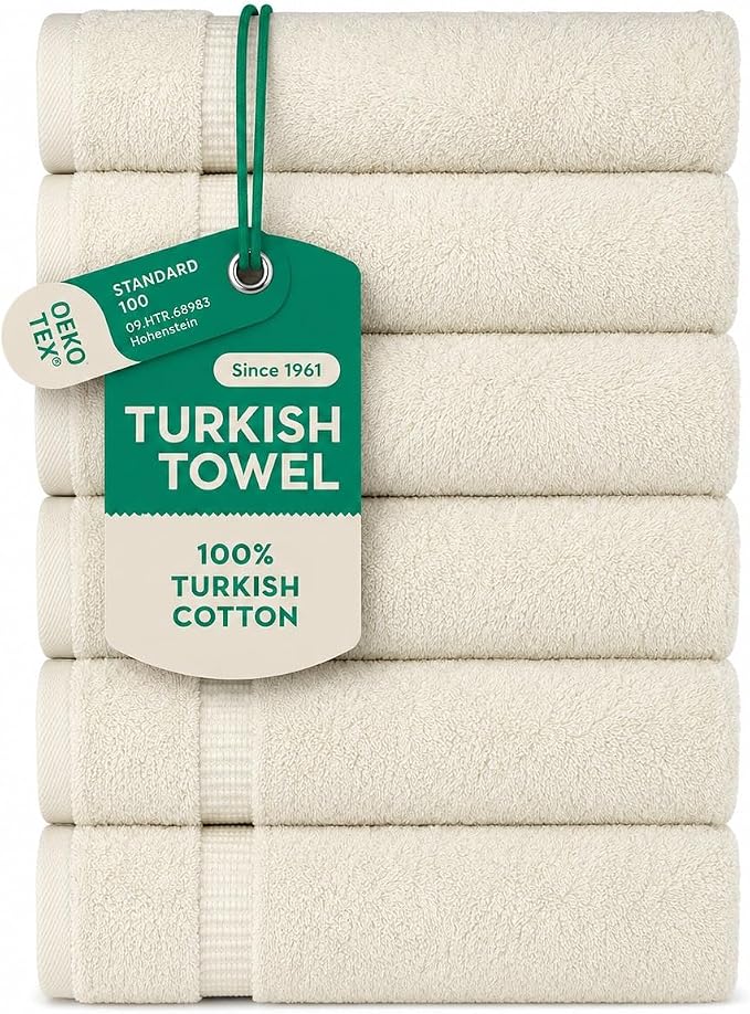 SALBAKOS 100% Turkish Cotton Hand Towel Set of 6 16x30 inch | Heirloom Quality | Hotel & Spa Collection | Ultra Soft, Super Absorbent, Long Lasting Hand Towels | Made in Turkey (Ivory, 6 Hand Towels)