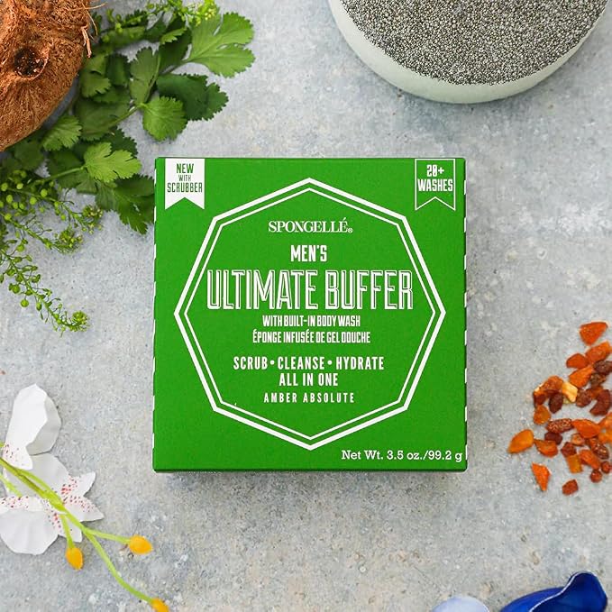 SPONGELLÉ Men's Ultimate Buffer, Amber Absolute | 20+ Washes | Body Wash Infused Exfoliating Body Scrubber | Loofah Sponge For Men | Gift for Father's Day, Vegan, Dermatologist-Tested, Made in USA