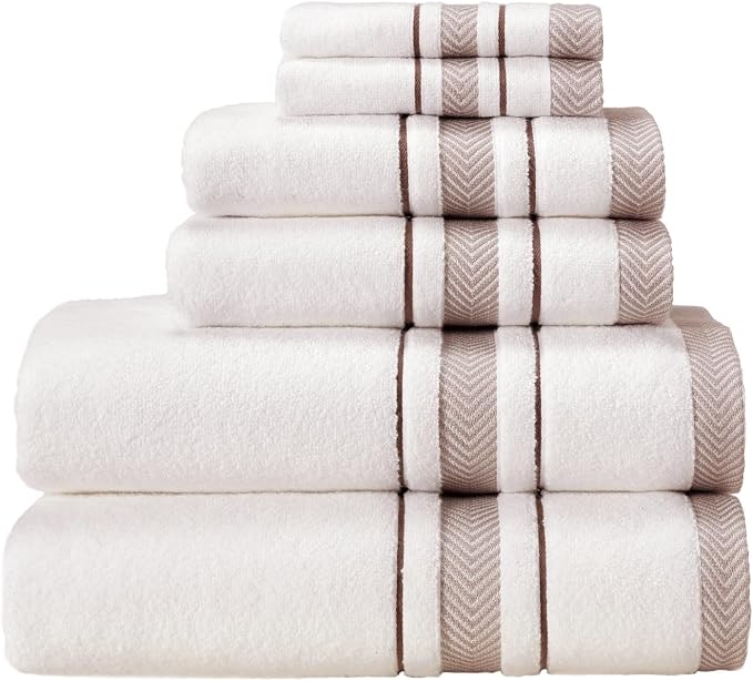 Bath Towels Set for Bathroom – Luxury 6-Piece Cotton Towels, Soft Absorbent & Quick Dry, 600 GSM Bath Towels for Bathroom, Hotel Spa Quality (2 Bath, 2 Hand, 2 Washcloths, White Brown Stripe)