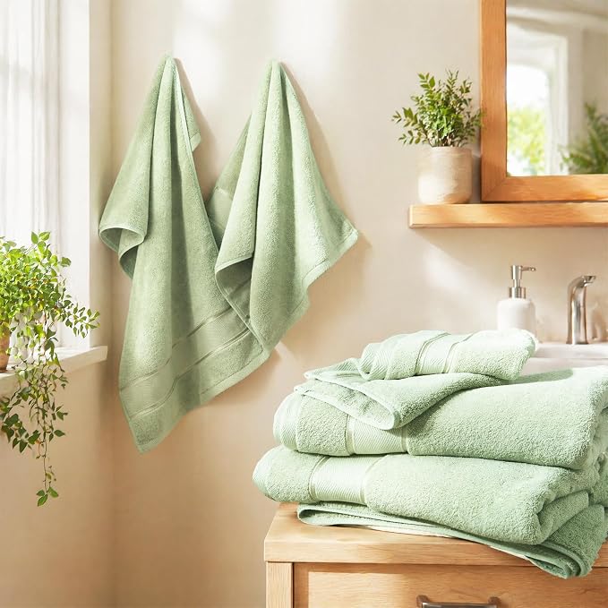 Marvione Bath Towels Set 6 Piece, 100% Turkish Cotton Highly Absorbent and Soft Towels for Bathroom 2 Bath Towels 2 Hand Towels 2 Washcloths, Sage Green