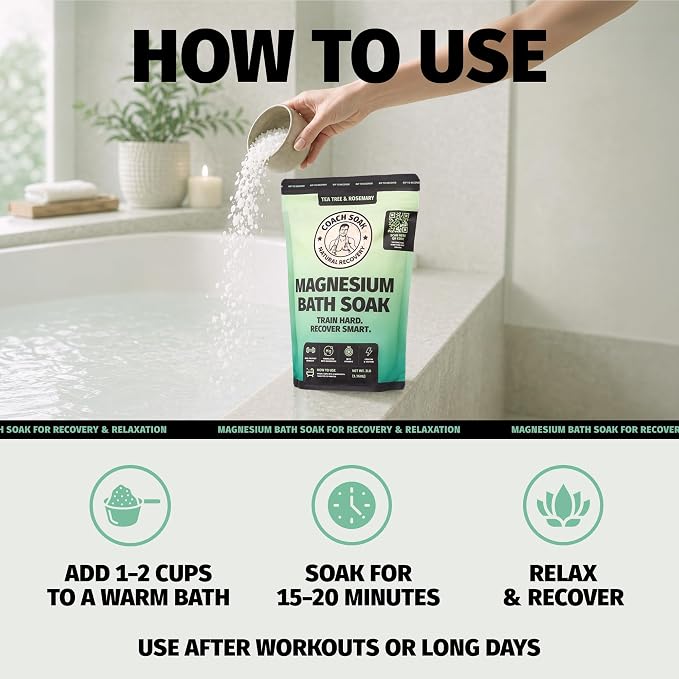Coach Soak Recovery Bath Soak - Alternative to Epsom Salt Bath Soak - Fast-Absorbing Pure Magnesium Flakes & Dead Sea Salt with 21 Minerals, Bath Salts & Essential Oils - 3 lb, Tea Tree & Rosemary