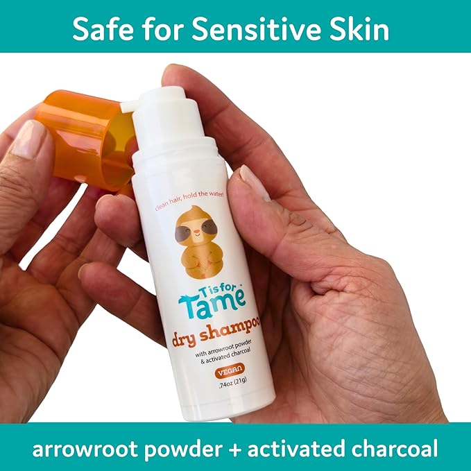 T is for Tame - Powder Puff Dry Shampoo for Babies & Kids – Gentle Hair Formula with Arrowroot Powder & Activated Charcoal, Mess-Free Application, Made in USA - 0.74 oz (2 Pack)