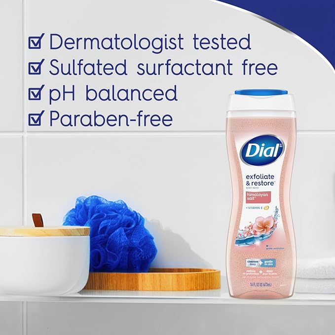 Dial Body Wash, Exfoliate & Restore Himalayan Salt, 16 Fl Oz (Pack of 4), Hydraclean Complex & Vitamin E, Gentle, Leaves Skin Feeling Nourished, Dermatologist-Tested, No Parabens & Sulfates