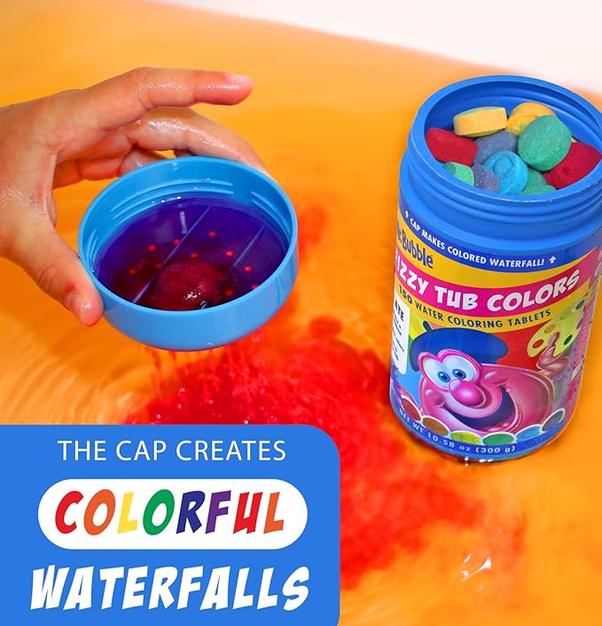Mr. Bubble Fizzy Tub Colors Bath Water Coloring Tabelets, 6 Bright Colors, Red, Orange, Yellow, Purple, Blue and Green, Fragrance Free, Cap Makes Colorful Waterfall (3 Jars, 450 Tablets)