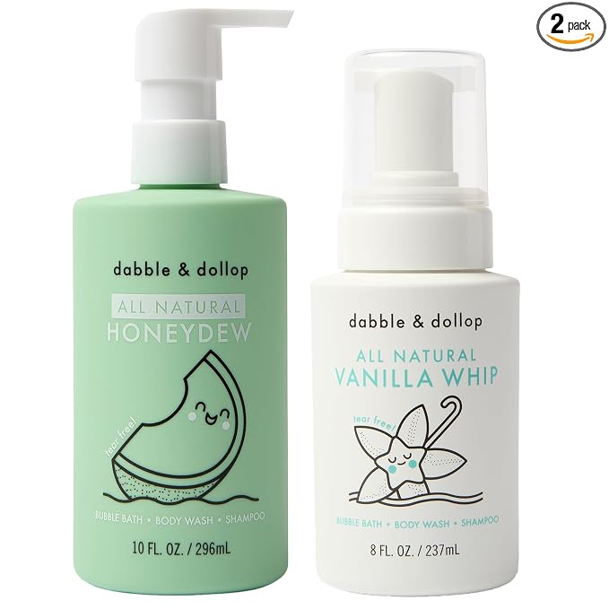 Dabble & Dollop Honeydew + Vanilla Kids 3-in-1 Body Wash, Shampoo & Bubble Bath Bundle – Gel + Foam Whip Set, Tear-Free, Gentle, Natural-Origin, Hypoallergenic and Safe for Sensitive Skin (Pack of 2)