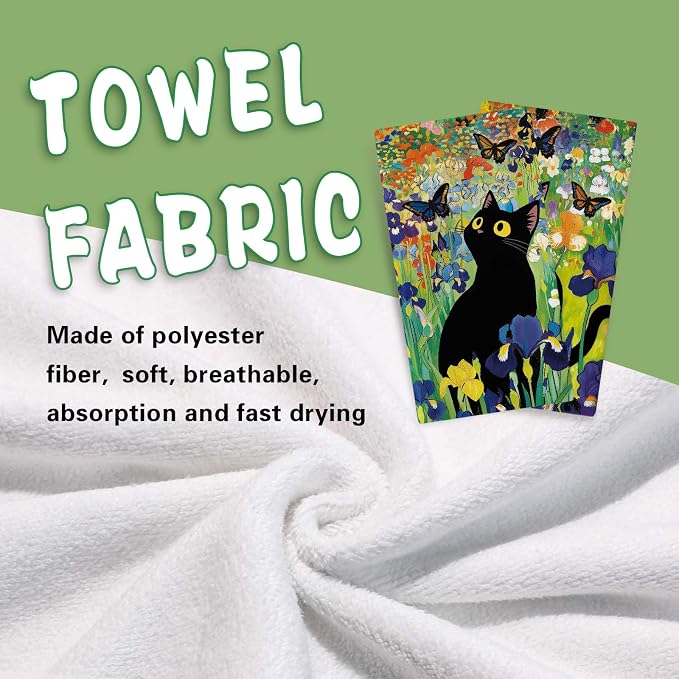 Spring Summer Black Cat Floral Kitchen Dish Towels Set of 2, Iris Flower Butterfly Drying Hand Towel Baking Cooking Cloth, Wildflower Bathroom Home Decoration Pet Cat Owner Lover Gift 18''x26''
