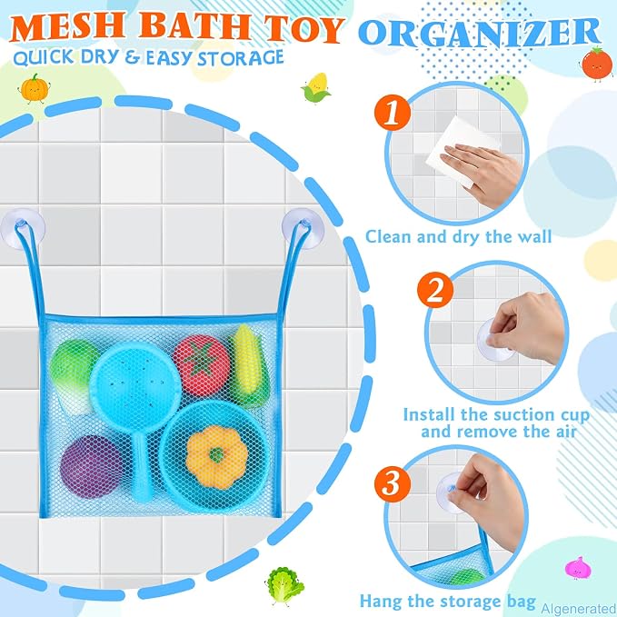 TSDATOWR Light Up Bath Toys, No Hole Vegetable Soup Set for Toddlers | LED Pretend Cooking Playset for Kids Ages 3-5 With Slotted Spoon, Soup Pot and Mesh Bag for Bathtub, Pool, or Beach