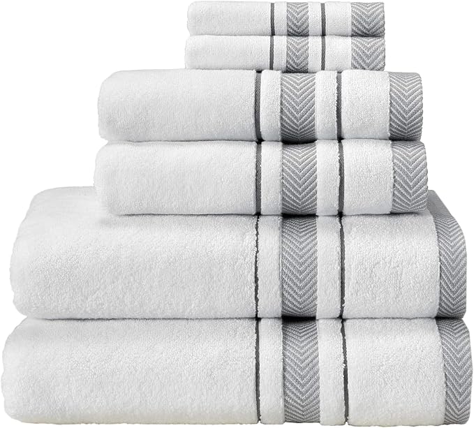 Bath Towels Set for Bathroom – Luxury 6-Piece Cotton Towels, Soft Absorbent & Quick Dry, 600 GSM Bath Towels for Bathroom, Hotel Spa Quality (2 Bath, 2 Hand, 2 Washcloths, White Grey Stripe)