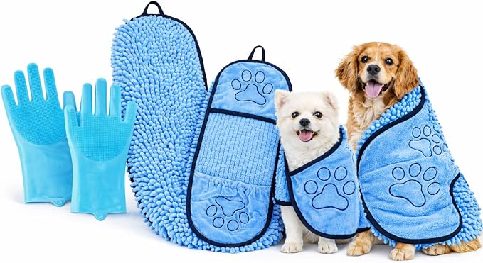 Super Absorbent Dog Bath Towel & Grooming Glove Set – Soft Chenille Dog Drying Towel for Small Dogs & Puppies, Quick Dry, Machine Washable, Non-Toxic, Blue