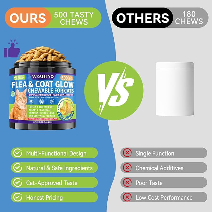 Flea and Tick Prevention for Cats - 500 Crunchy & Creamy Chews, Cat Flea Treatment with Skin & Coat Support, Oral Natural Flea Chewables for Gut & Immunity Support for All Breeds & Ages Chicken Flavor