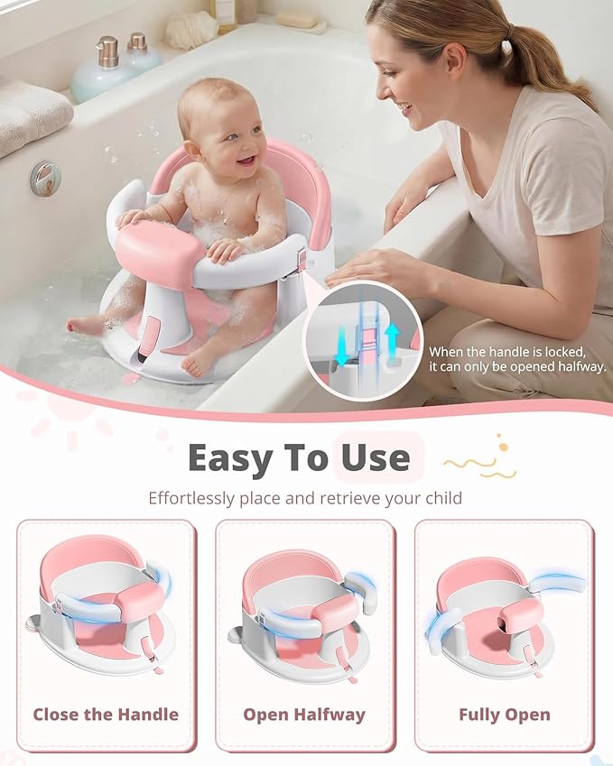 ONTHEWEI Baby Bath Seats for Babies Sitting Up, Non-Slip Baby Bathtub with 3 Suction Cups, Safe & Comfortable Toddler Bath Seat Ideal for Baby Bath/Shower Support, Stable Design, Pink (6-24 Months)