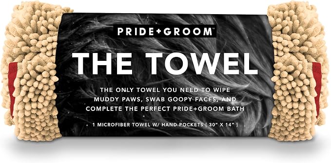 PRIDE AND GROOM The Towel – Thick, Soft, Super Absorbent Microfiber Towel for Dogs & Pets that is Quick Drying, Holds 7 Times its Weight in Water and Has Dual Pockets for Your Hands