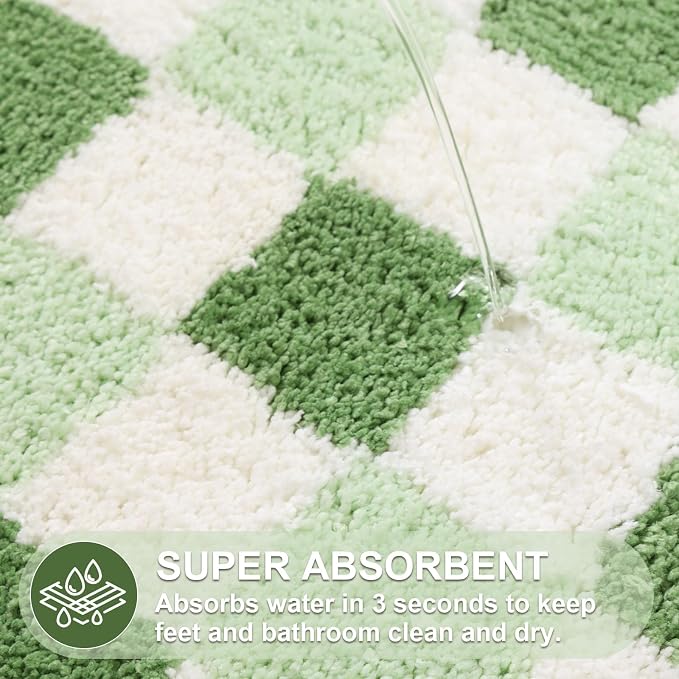 ORTIGIA Cute Green Checkered Scalloped Bath Mat, Fun Plush Microfiber Bathroom Rugs Non Slip Washable Quick Dry Absorbent, Bath Rug Carpet for Shower Stall Vanities Kitchen Floor Entrance, 20x32