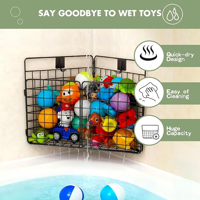 Large Bath Toy Storage, Metal Bathtub Shower Toy Holder, Foldable bath Tub Toy Organizers, Bathroom Toy Storage with Drainage for Sorting Toys/Clothes/Toiletries (1pc corner)
