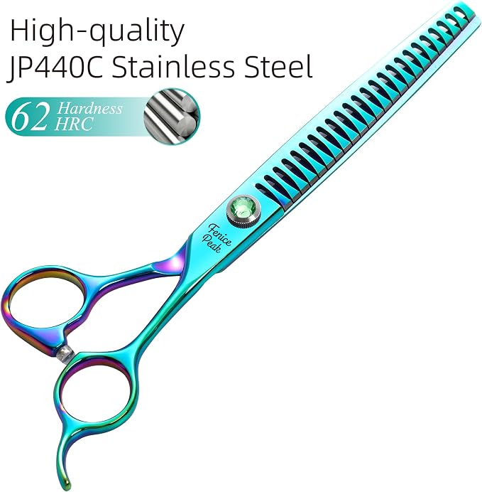 7.5'' Green Chunker Dog Grooming Scissors Pet Shears with Ergonomic Offest Handle and Simulated Emerald Screw 440C Grooming Scissors Trimming Shears Durable and Sharp
