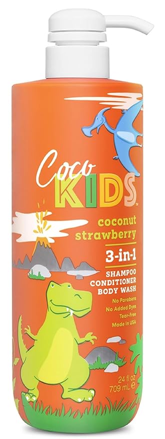 Cocomagic Cocokids 3-in-1 Kids Shampoo + Conditioner + Body Wash | Gentle, Hair & Body Cleanser Tear-Free | No Parabens, For All Skin Types, – Coconut Strawberry, 24 Fl Oz