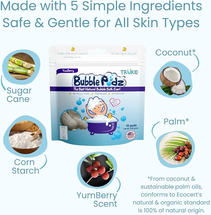 TruKid Bubble Podz Bubble Bath for Kids, Toddlers, & Babies, Tear Free Gentle & Refreshing Bath Bomb for Sensitive Skin with Natural Moisturizers, Non-Toxic, pH Balanced, Yumberry Scent (60 Podz)