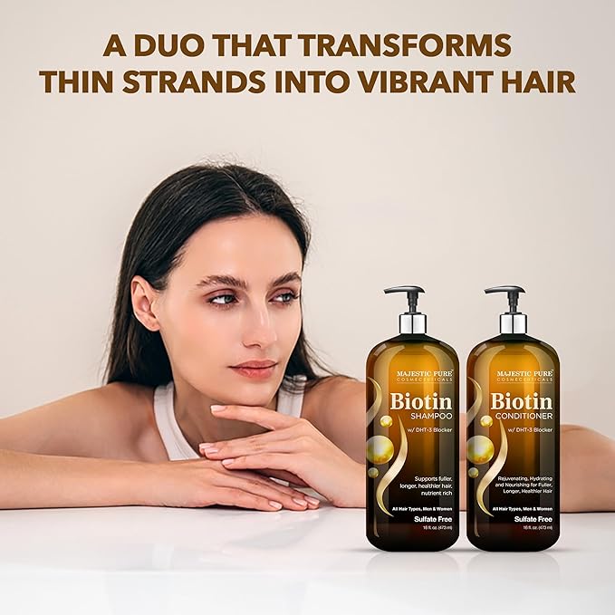 Majestic Pure Rosemary Castor & Biotin Shampoo and Conditoner-16fl oz each | Hair Thinning & Volumizing Shampoo for Hair Loss and Body for 72+ Hours - with DHT-3 Blocker Sulfate Free and Vegan Formula