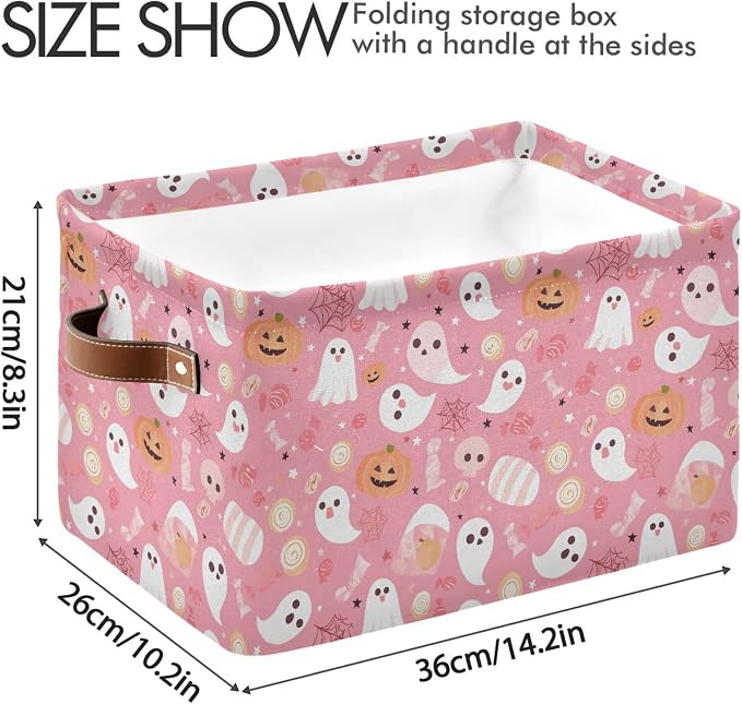 Wamika Halloween Pink Storage Basket with Waterproof Liner and PU Handles Pumpkin Ghost Candy Storage Bins Boxes 14.2" Collapsible Decorative Organizer Baskets for Bedroom Closet Office 1 Pack