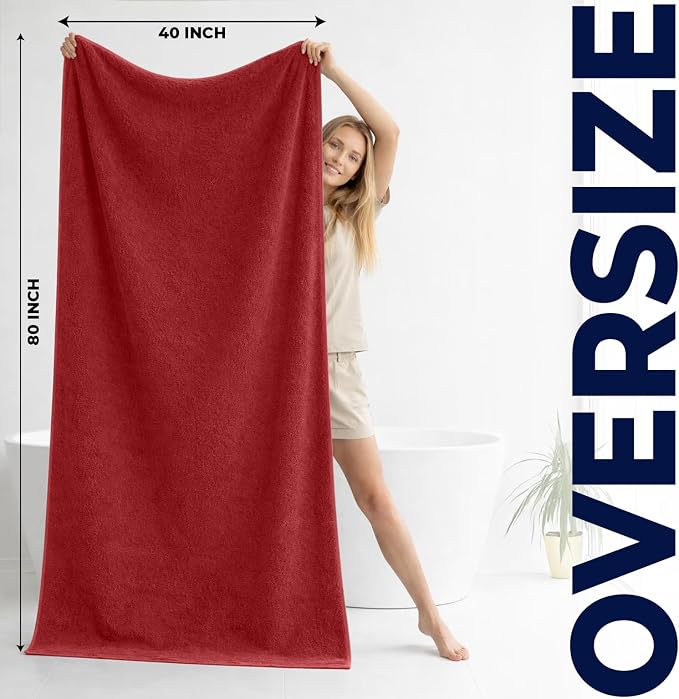 DAN RIVER Pack of 1 Jumbo Bath Sheet 40x80 Inches, Luxury Large Towels Oversized for Bathroom, Absorbent Plush Towels - Red
