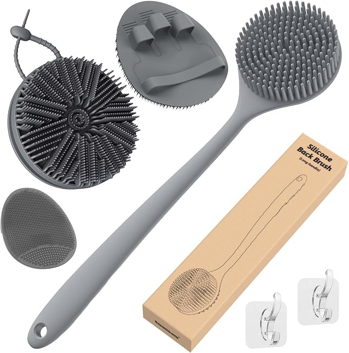 Manmihealth Silicone Back Scrubber & Soft Bath Glove Set 4 PCS(Thick Bristles), Super-Exfoliating Body Scrubber & Super-Lathering Shower Brush Combination, with 2 Adhesive Hook(Gray)