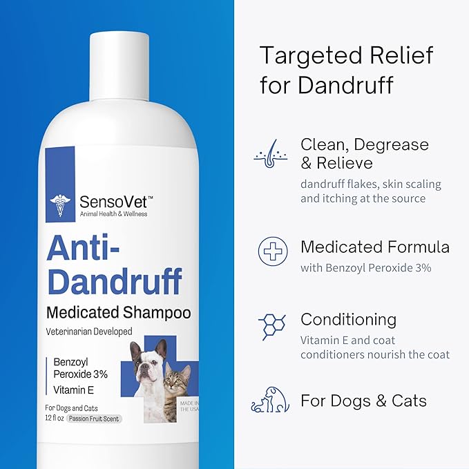 Dandruff Shampoo for Cats & Dogs - Benzoyl Peroxide with Vitamin E - Medicated Treatment for Itchy & Dry Skin, Seborrhea, Mange, Folliculitis, Dermatitis, Acne, Flakes & Skin Scaling - 12oz