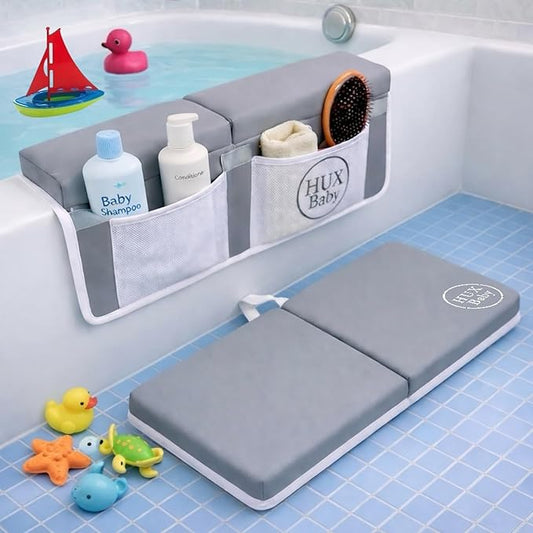Comfortable Baby Bath Kneeler and Elbow Rest Pad Set, Non-Slip Bathtub Kneeling Pad for Bathing Baby, Bath Tub Cushion Mat, Elbow Pads, Toy Organizer Storage Pockets, Strong Suction Cups (Lua Gray)