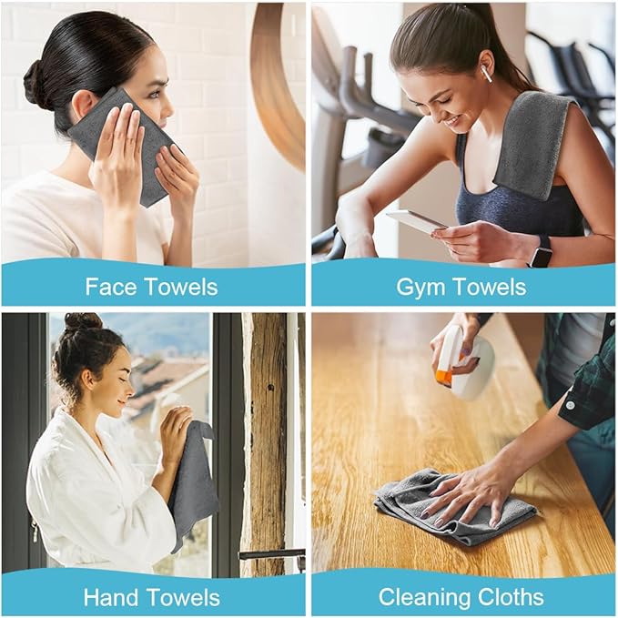 Orighty Wash Cloths, 10 Pack Face Towels, Soft Quick-Drying Washcloths, Multi-Purpose Microfiber Face Cloths for Bathroom, Gym, Spa, Hotel, Travel, 11.5"x11.5", Grey