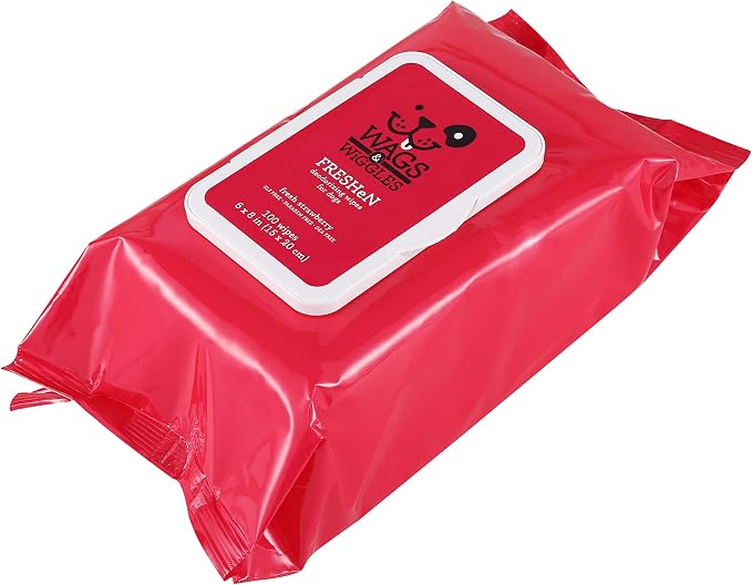 Wags and Wiggles Freshen Deodorizing Wipes for Dogs, Fresh Strawberry Scent - Dog Wipes that Eliminate Odors Between Baths, Easy at-Home Grooming, Dogs and Puppies, 100 Count (Pack of 2)