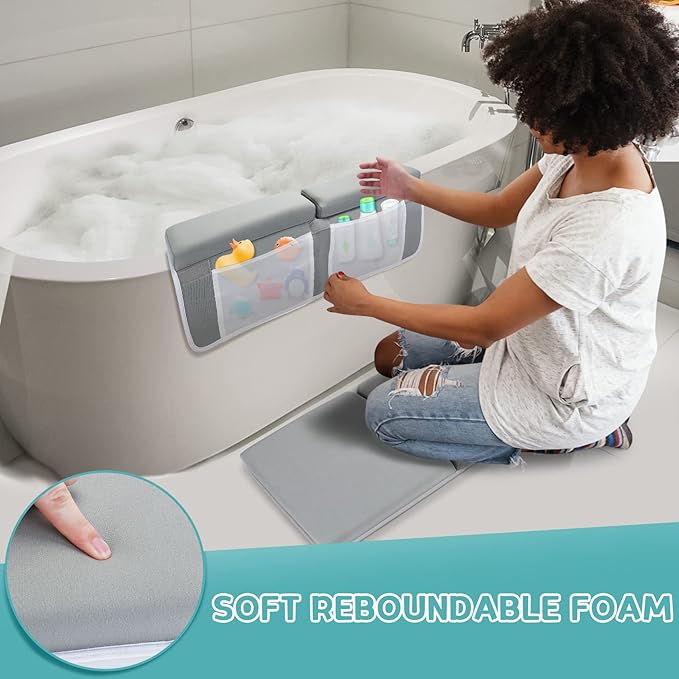 Beyoung Baby Bath Kneeler and Elbow Kneeling Rest Pad Set, Thickened Bathtub Kneeler Pad with Memory Foam and Bath Toys Organizer, Ideal Bath Kneeling Pad for Bathing Baby,Grey