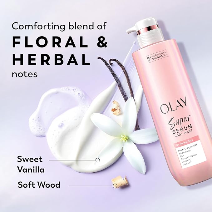 Olay Super Serum Body Wash for Normal Skin, 24hr Long Lasting Rich Hydration, 5+ Ingredient Complex for Bright, Even, Firm, & Luminous Skin, with Collagen Peptide, BHA, Vitamin C, 20 fl oz