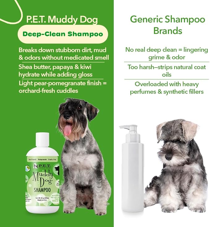 P.E.T. Muddy Dog Deep-Clean Shampoo — Shea Butter, Papaya & Kiwi Blend — 10 : 1 Concentrated Moisturizing, Degreasing & Deodorizing Formula — Cosmetic Grooming (Not a Pesticide) — 16 oz