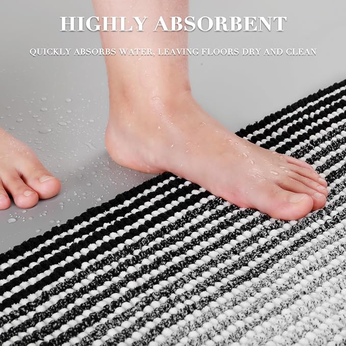 BSICPRO Bathroom Rugs and Mats Sets, 2 Piece Thick Absorbent Chenille Bath Mat Set Non Slip, Soft Shaggy Bath Room Floor Mats , Machine Washable (20" x 32" Plus 16" x 24", Black)