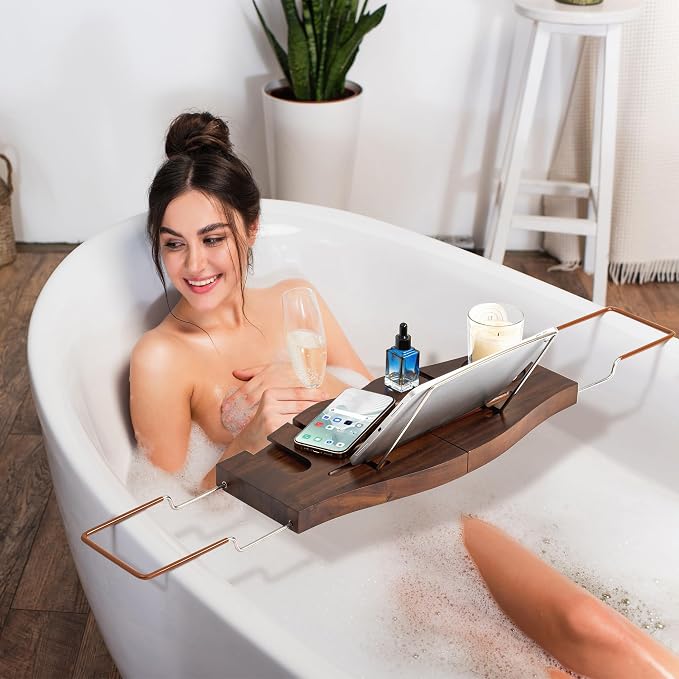 Dream Dark Walnut Teak Expandable Bathtub Caddy Tray | Dark walnut stained teak, expandable, gift-ready, wine book storage for deep tubs