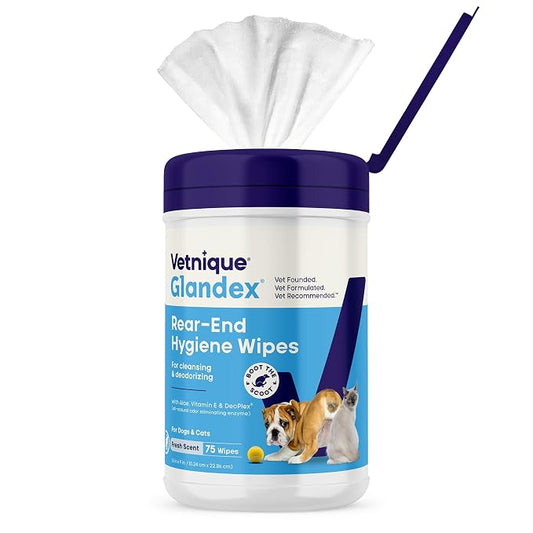 Vetnique Glandex Rear End Wipes for Dogs & Cats, Anal Gland Hygiene & Deodorizing Dog Wipes for Paws and Butt, Boot The Scoot with DeoPlex Enzyme, Aloe & Vitamin E (75ct)