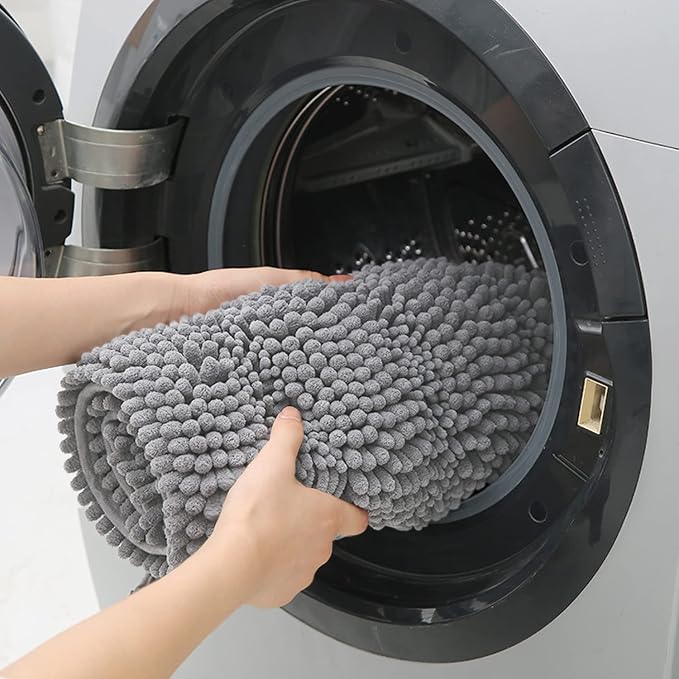 Striped Light Grey Bathroom Rug Mat Set 2 piece 32"x20"+24"x17" Ultra Soft, Non Slip Chenille Bath Rugs, Absorbent Plush Shaggy Bath Mats for Bathroom, Bedroom, Kitchen, Shower, Tub,Light Gray
