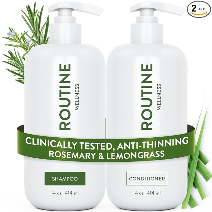 Routine Wellness Shampoo & Conditioner Set - Rosemary & Lemongrass | Clinically tested shampoo for thinning hair with biotin, pea peptides, saw palmetto oil, color safe, sulfate free