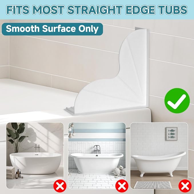Dreamtop No-Adhesive Silicone Shower Splash Guard - 2 Packs Reusable Shower Corner Water Guard with Strong Suction Cups, Shower Water Blocker for Bathtub Bathroom to Keep Water in Shower (White)