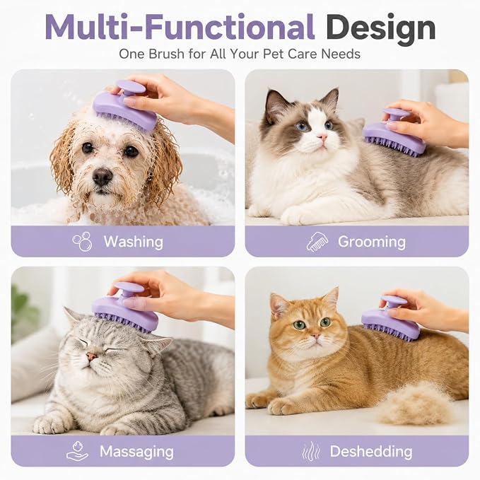 Dog Bath Brush for Grooming & Massage, Silicone Pet Shampoo Brush for Dogs and Cats, Soft Bath Scrubber for Short and Long Hair Pets, Helps Remove Loose Fur, Dirt and Tangles