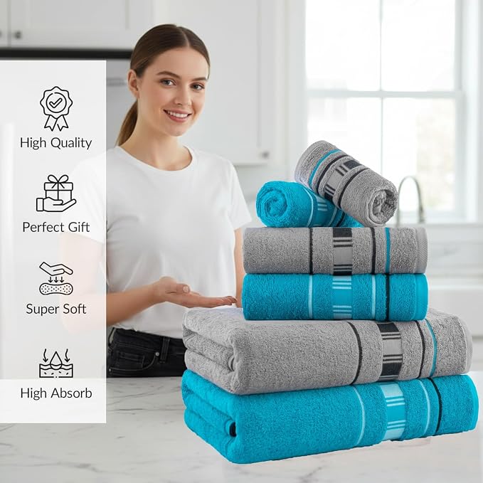 CASA COPENHAGEN X Line 6Pcs 100% Egyptian Cotton Large Designer Towels Gift Set- Grey - Teal, 600 GSM, 2Bath 2Hand 2Washcloths, Bath Towels for Bathroom Set for Women & Men