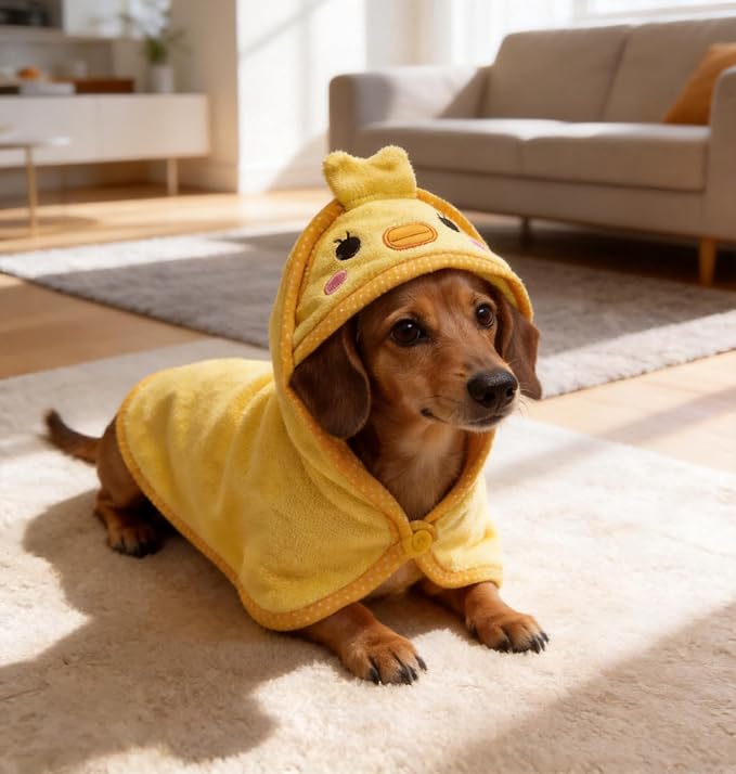 Dog Hooded Bathrobe Towel Fast Drying Absorbent Bath Warm Blanket | Yellow L