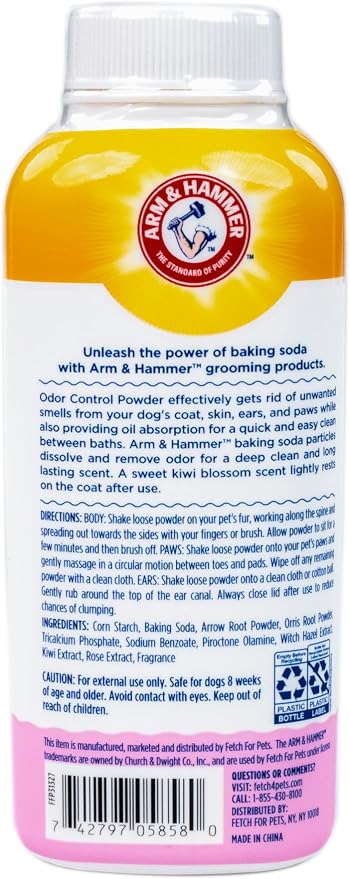 Arm & Hammer for Pets Odor Control Dry Shampoo Powder for Dogs & Puppies, Waterless Dog Deodorizer with Baking Soda, Paraben Sulfate and Dye Free Formula, Kiwi Blossom Scent, 4.2 Oz (Pack of 2)